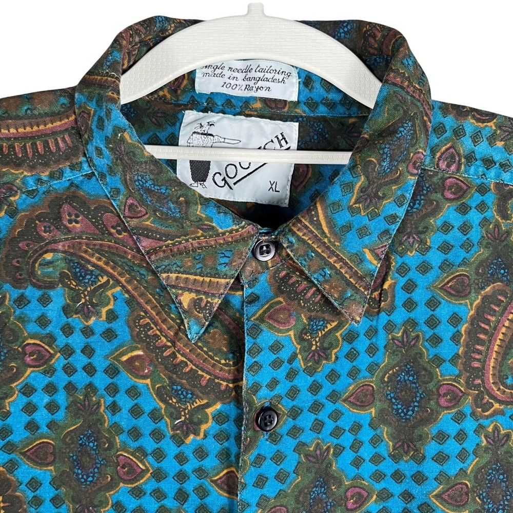 Goouch Button Down Shirt Men XL Teal Paisley Geometric Rayon Long Sleeve Vintage
